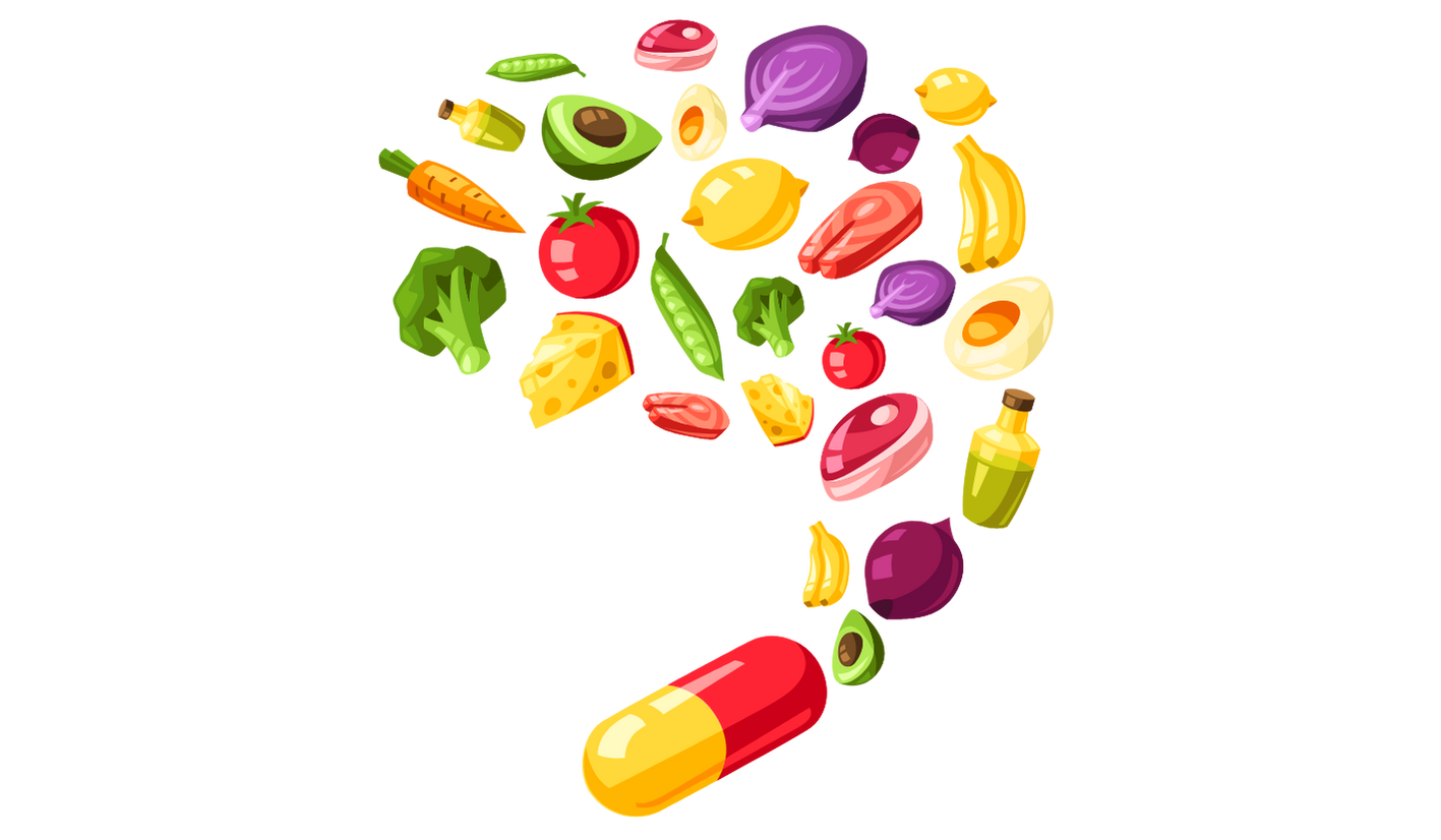 gélule en bas avec des aliments (fruits et légumes) qui en sort