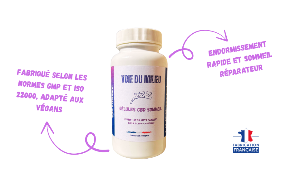 Photo du flacon des compléments alimentaire CBD Sommeil de la marque voie du milieu