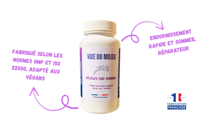 Photo du flacon des compléments alimentaire CBD Sommeil de la marque voie du milieu