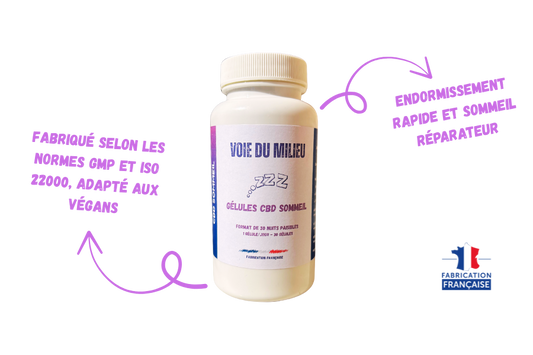 Photo du flacon des compléments alimentaire CBD Sommeil de la marque voie du milieu