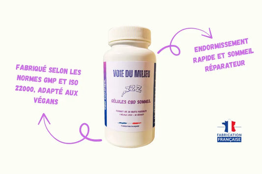 Photo du flacon des compléments alimentaire CBD sommeil de la marque voie du milieu