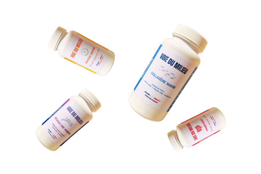 Pot de compléments alimentaires en désordre qui volent dans l'air