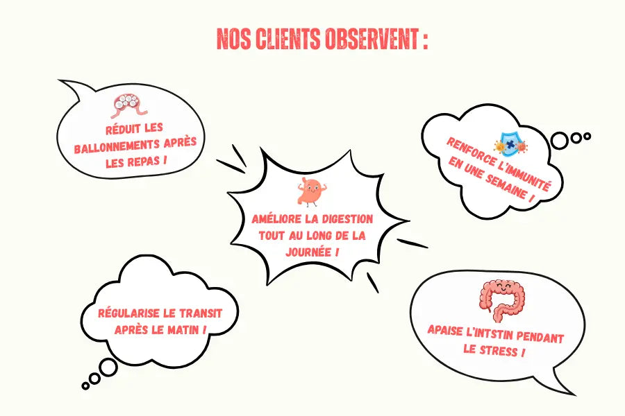 Illustration présentant plusieurs avis clients sur les compléments alimentaires probiotiques de la marque voie du milieu