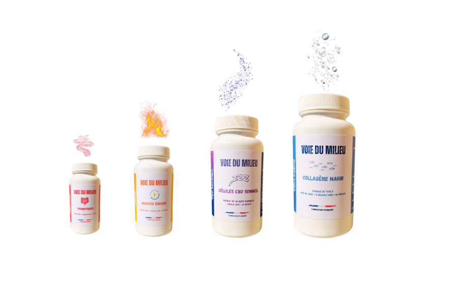 4 boites de compléments alimentaires alignées de la plus petite à la plus grande avec des formes qui en sortent